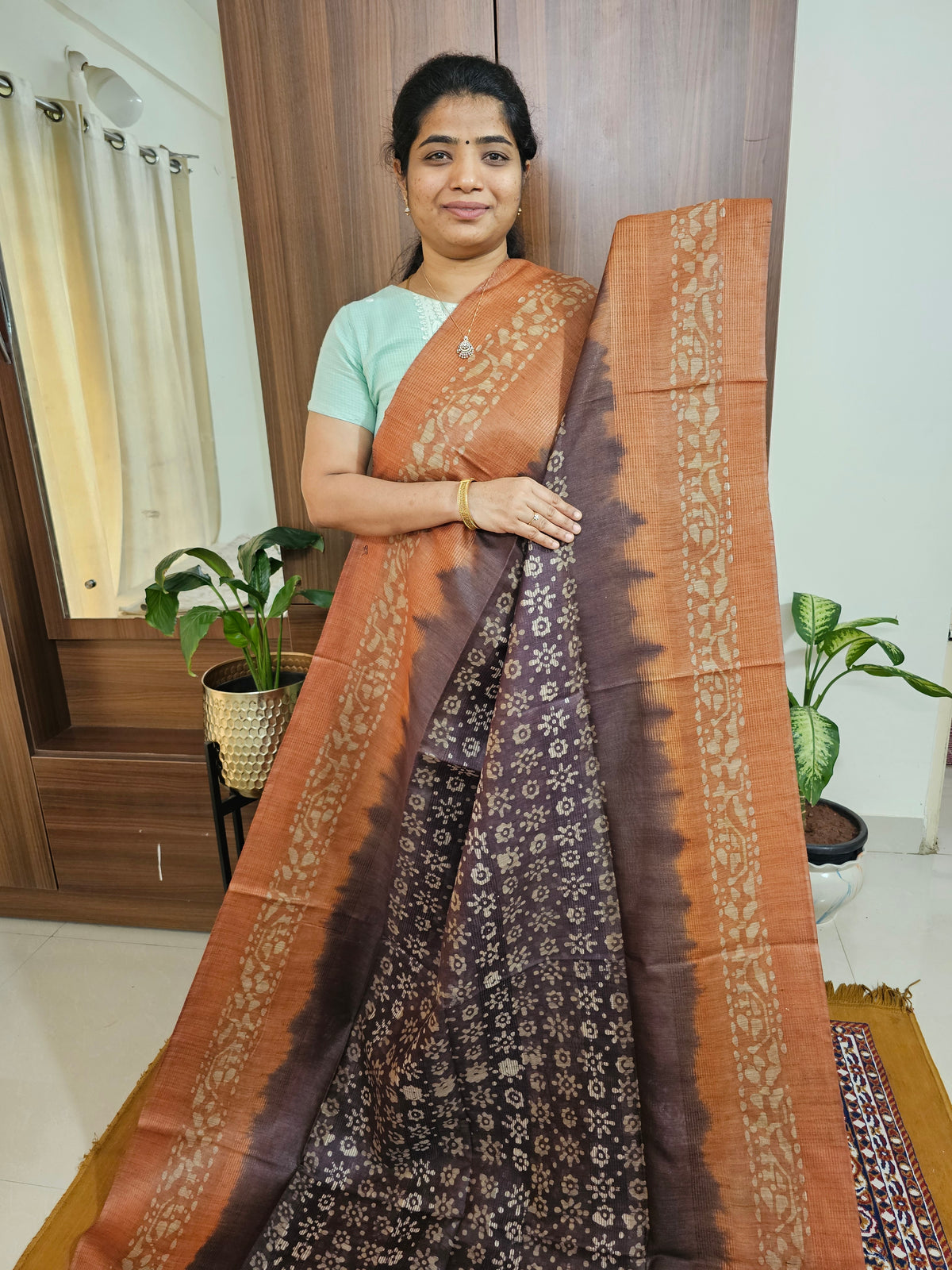 Bhagalpuri with Batik Print - Brown with Honey Brown