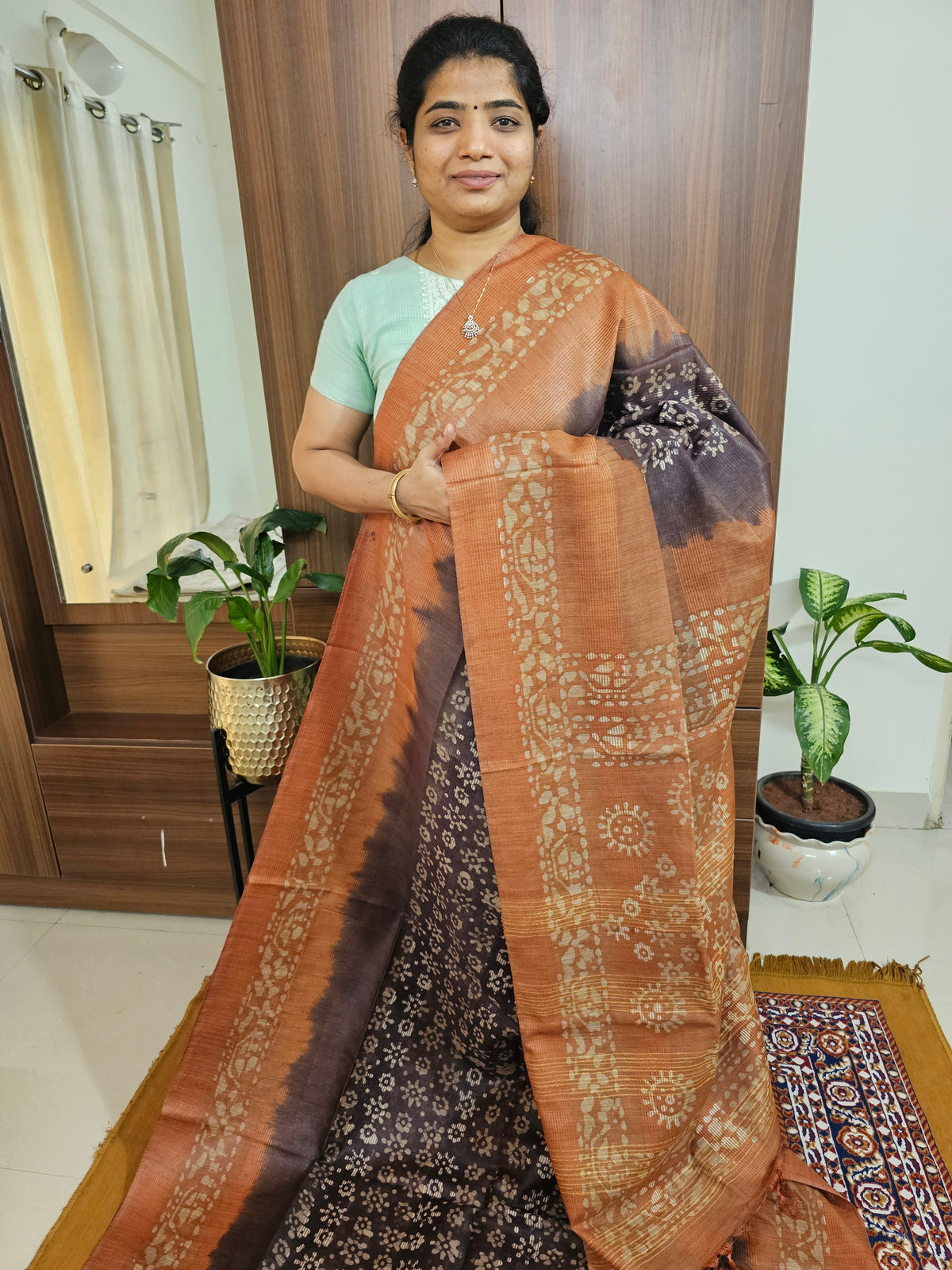 Bhagalpuri with Batik Print - Brown with Honey Brown