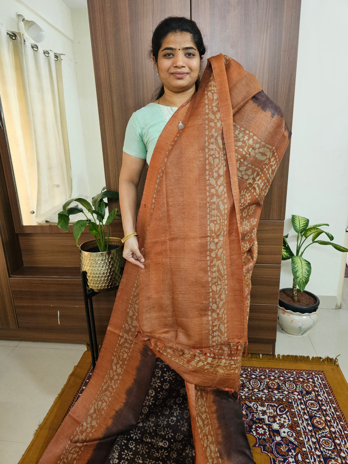 Bhagalpuri with Batik Print - Brown with Honey Brown