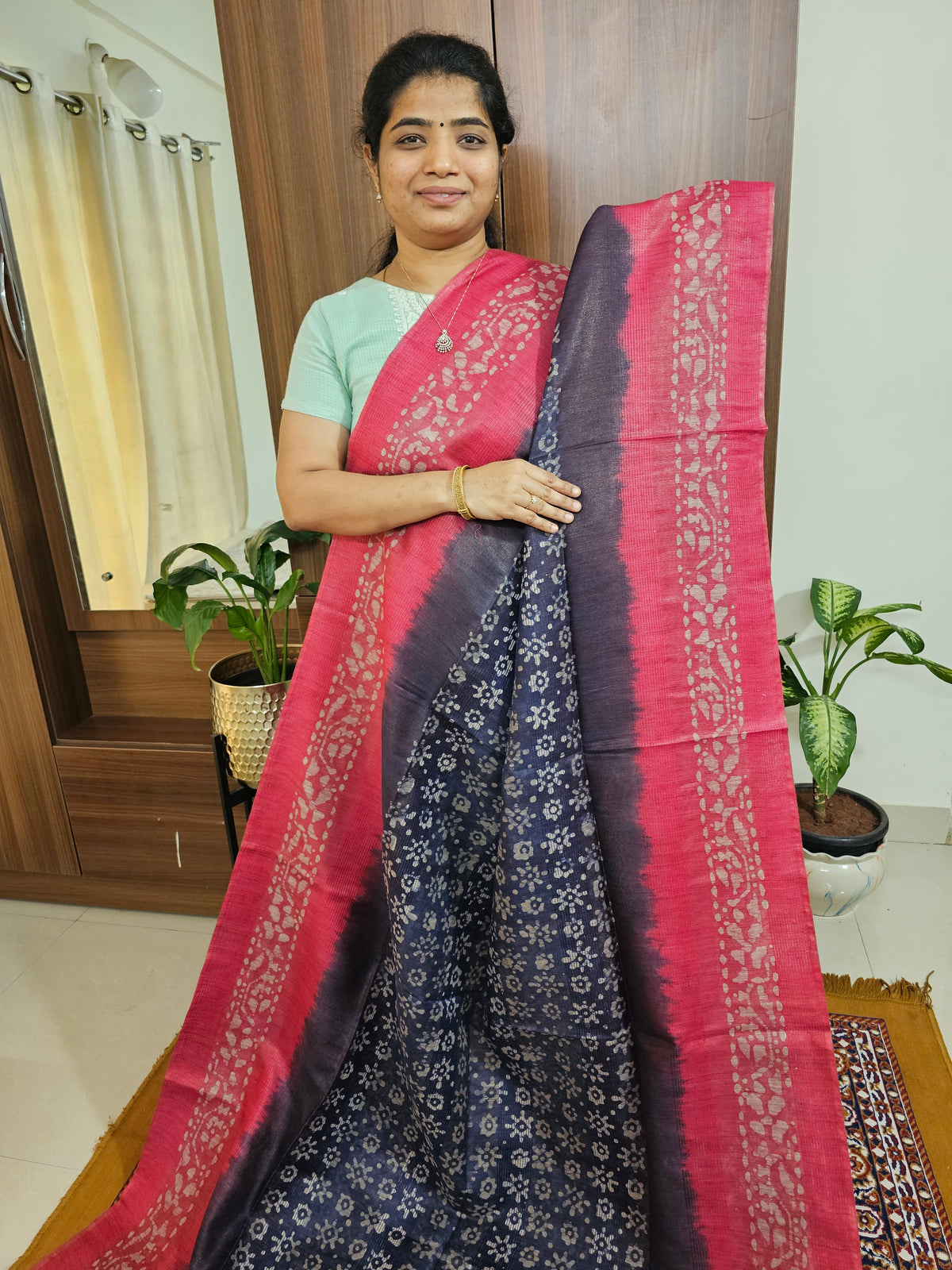 Bhagalpuri with Batik Print - Blue with Pink