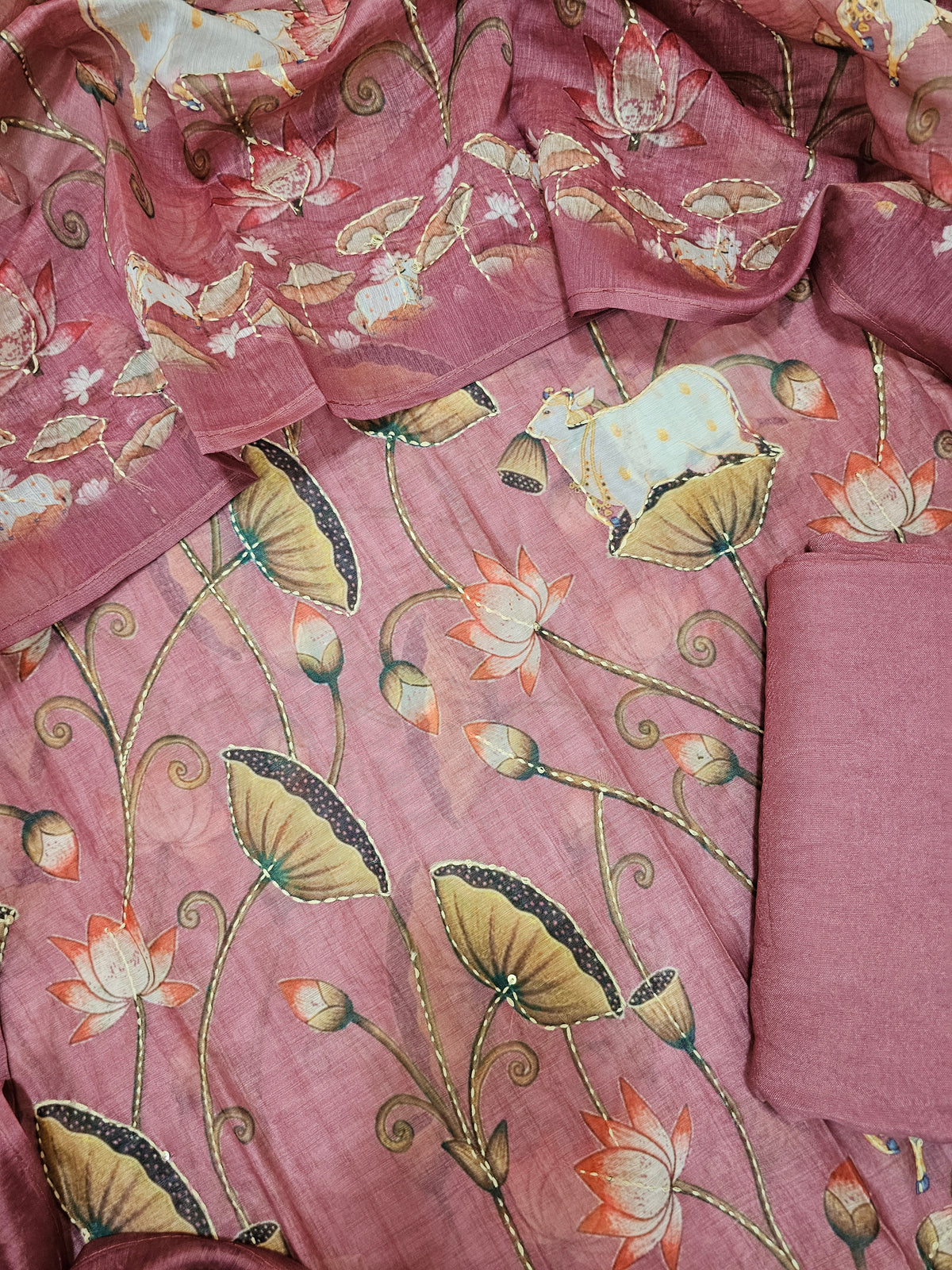 Chanderi with Katha Unstitched Salwar Suit  - Dark Onion Pink