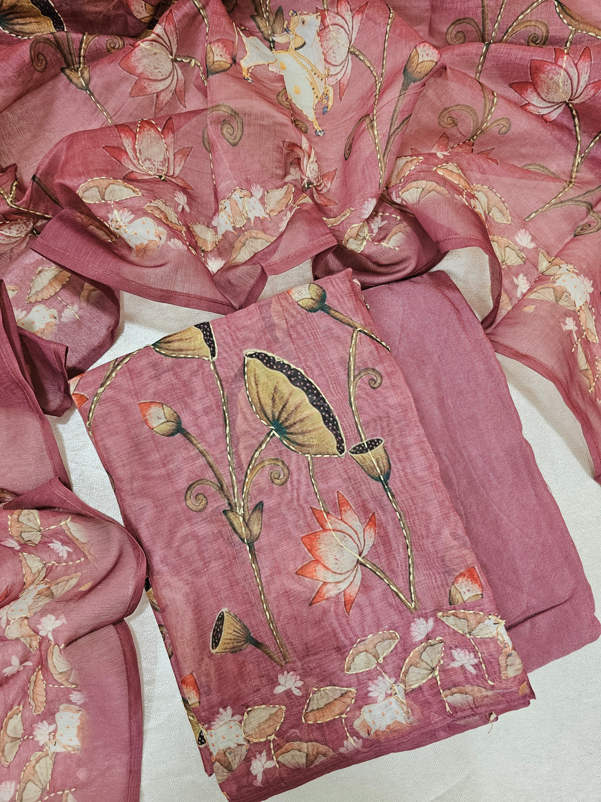 Chanderi with Katha Unstitched Salwar Suit  - Dark Onion Pink