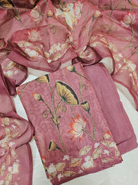 Chanderi with Katha Unstitched Salwar Suit  - Dark Onion Pink