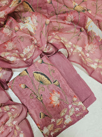 Chanderi with Katha Unstitched Salwar Suit  - Dark Onion Pink