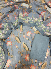 Chanderi with Katha Unstitched Salwar Suit  - Dark Grey