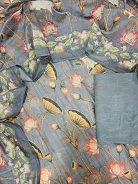 Chanderi with Katha Unstitched Salwar Suit  - Dark Grey