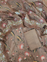 Chanderi with Katha Unstitched Salwar Suit  - Brown