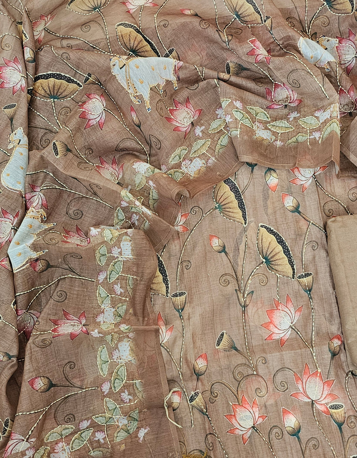 Chanderi with Katha Unstitched Salwar Suit  - Brown