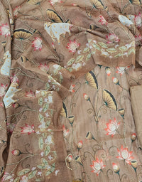 Chanderi with Katha Unstitched Salwar Suit  - Brown