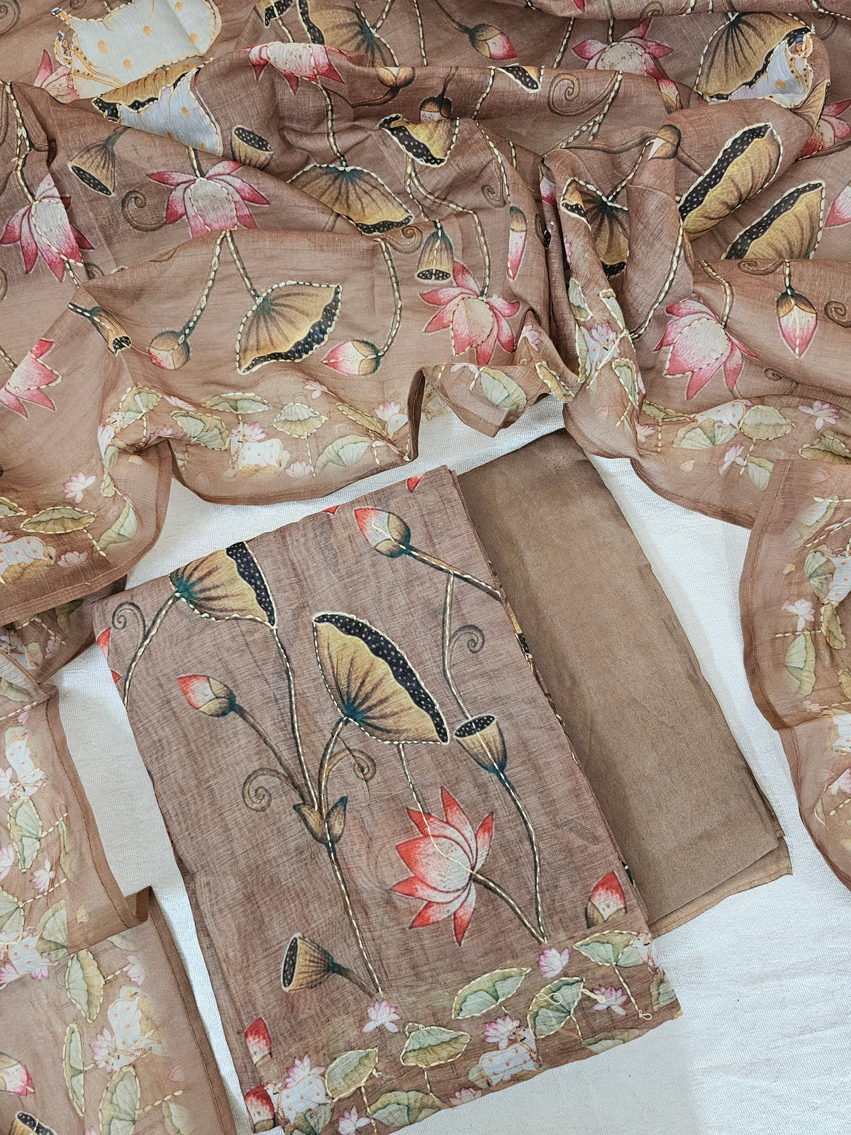 Chanderi with Katha Unstitched Salwar Suit  - Brown