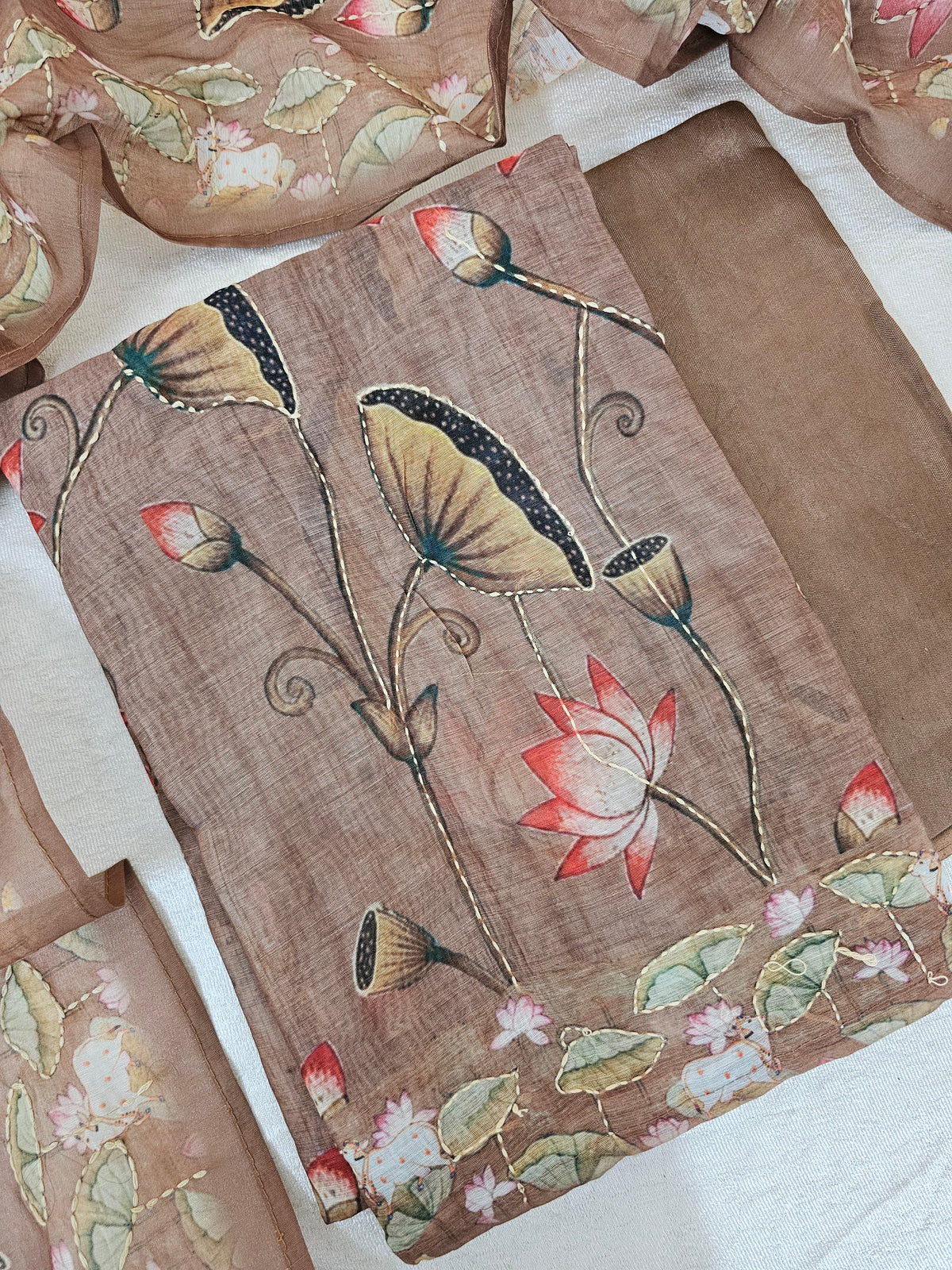 Chanderi with Katha Unstitched Salwar Suit  - Brown