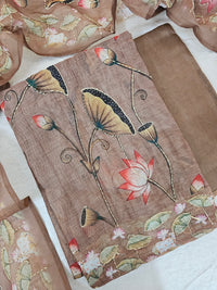 Chanderi with Katha Unstitched Salwar Suit  - Brown