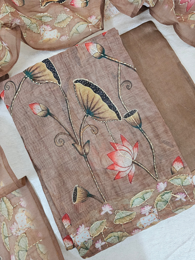 Chanderi with Katha Unstitched Salwar Suit  - Brown