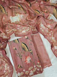 Chanderi with Katha Unstitched Salwar Suit  - Dark Peach