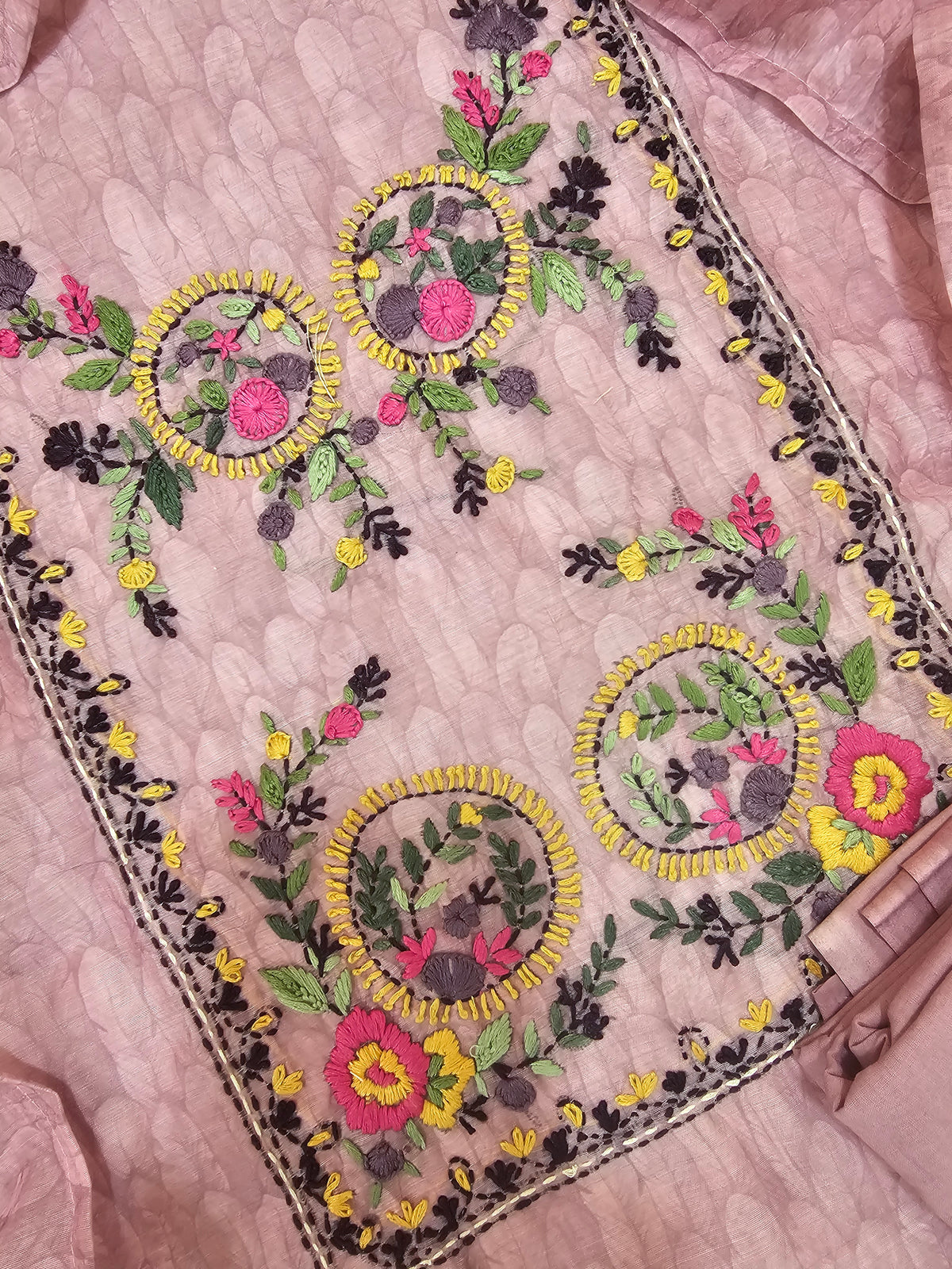 Chanderi with Heavy Hand Emboridery Unstitched Salwar Suit  - Onion Pink