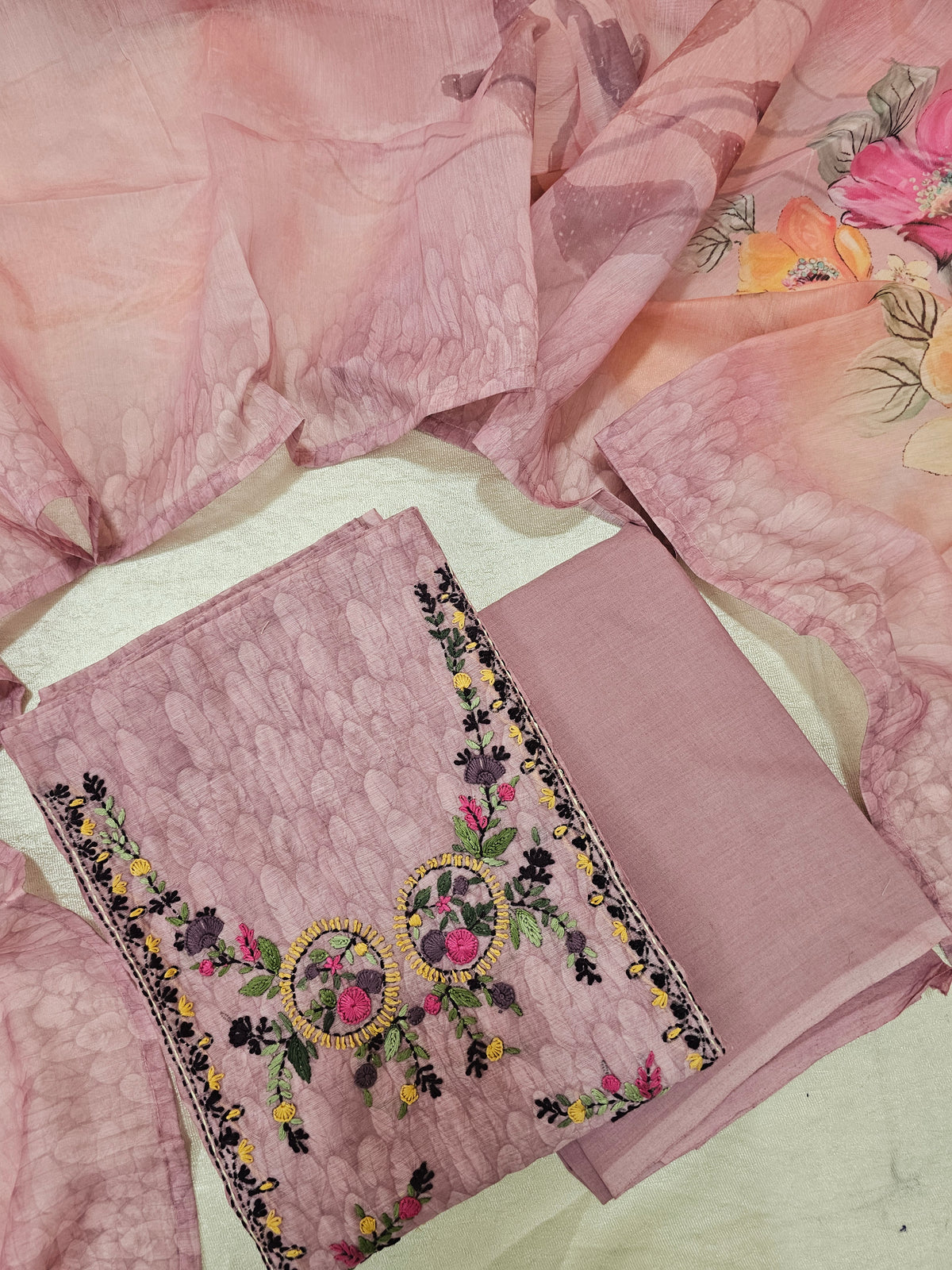 Chanderi with Heavy Hand Emboridery Unstitched Salwar Suit  - Onion Pink