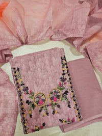 Chanderi with Heavy Hand Emboridery Unstitched Salwar Suit  - Onion Pink