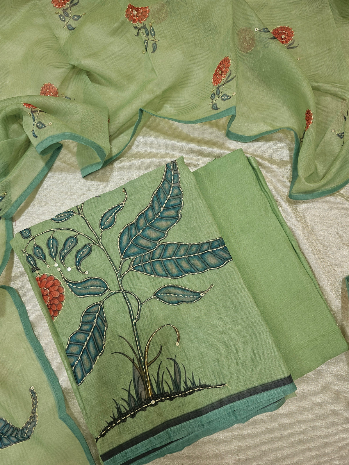 Chanderi with Katha Unstitched Salwar Suit  - Green