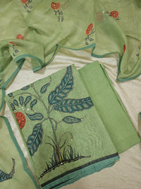 Chanderi with Katha Unstitched Salwar Suit  - Green