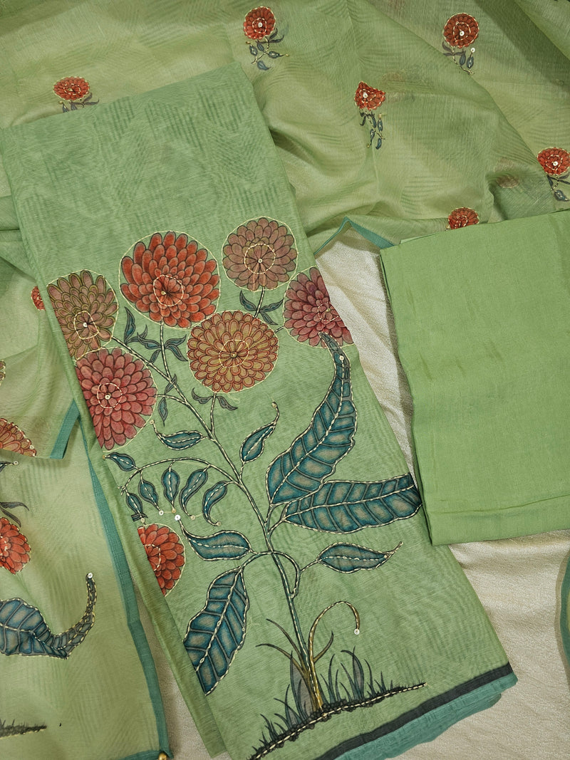 Chanderi with Katha Unstitched Salwar Suit  - Green