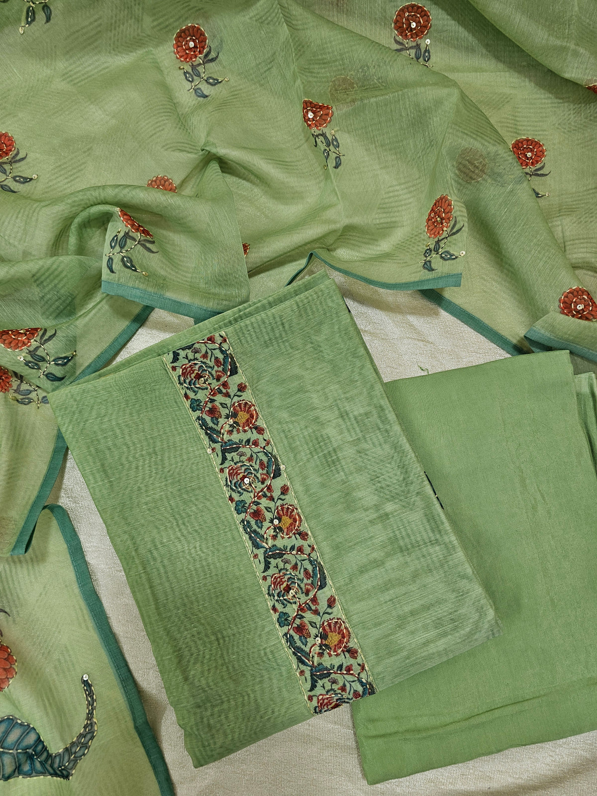 Chanderi with Katha Unstitched Salwar Suit  - Green