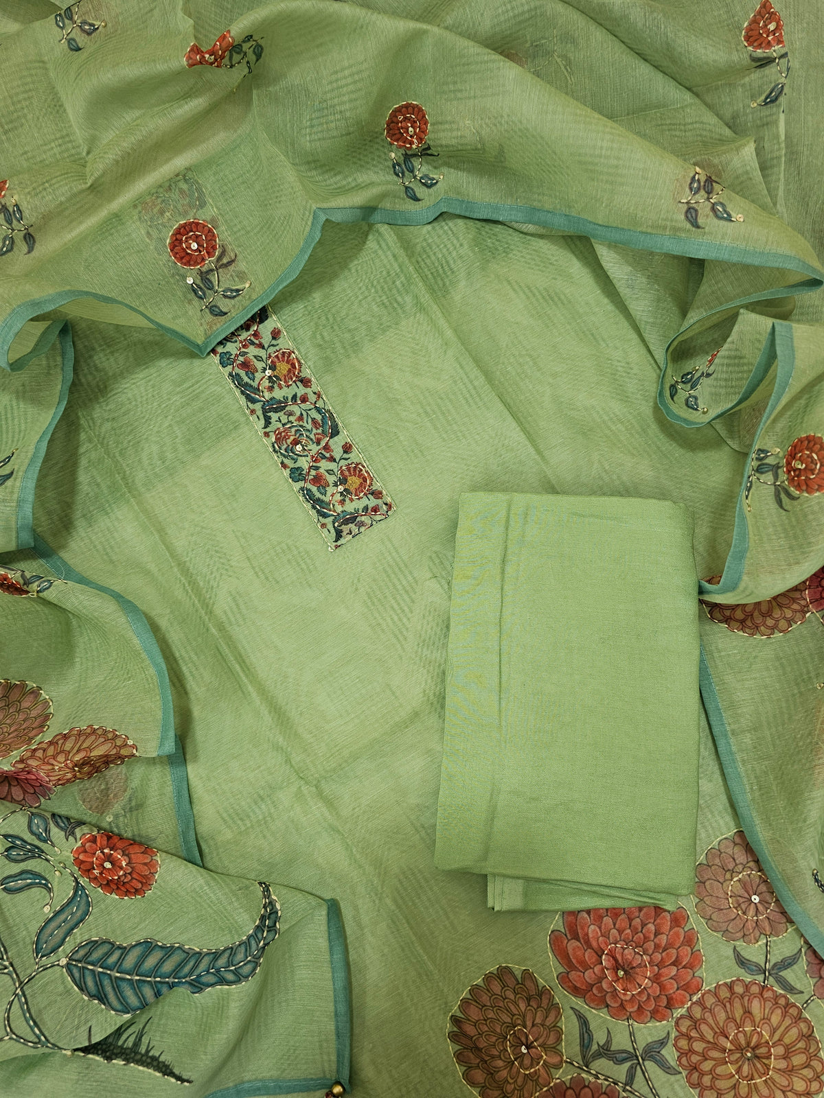 Chanderi with Katha Unstitched Salwar Suit  - Green