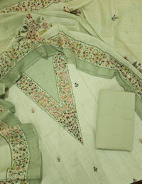 Linen with Hand Knot Work Unstitched Salwar - Green