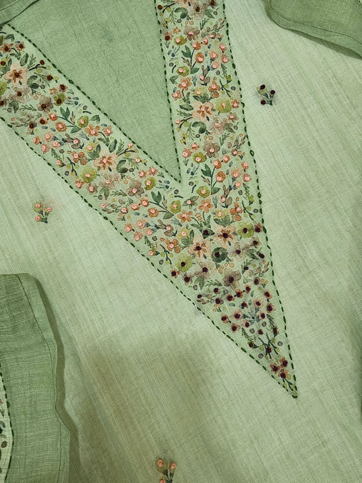 Linen with Hand Knot Work Unstitched Salwar - Green