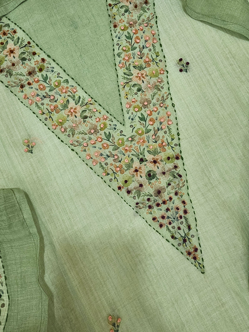 Linen with Hand Knot Work Unstitched Salwar - Green