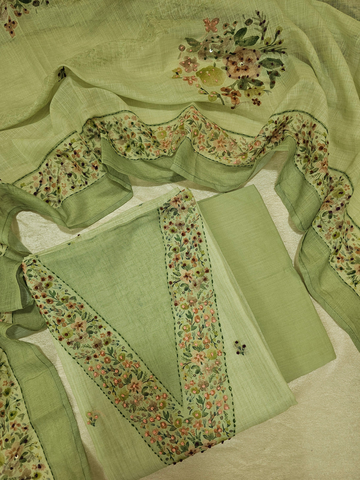 Linen with Hand Knot Work Unstitched Salwar - Green