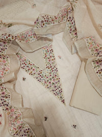 Linen with Hand Knot Work Unstitched Salwar - Cream
