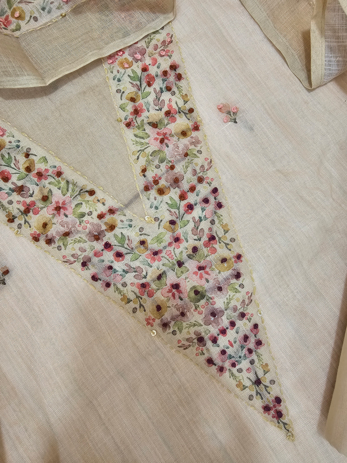 Linen with Hand Knot Work Unstitched Salwar - Cream