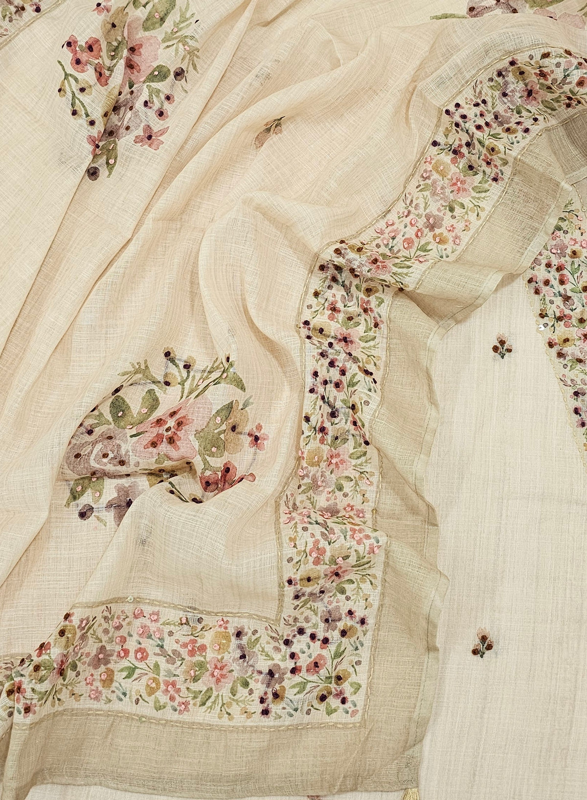 Linen with Hand Knot Work Unstitched Salwar - Cream