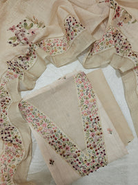 Linen with Hand Knot Work Unstitched Salwar - Cream