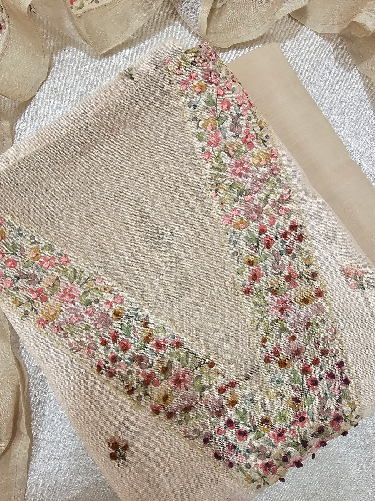 Linen with Hand Knot Work Unstitched Salwar - Cream