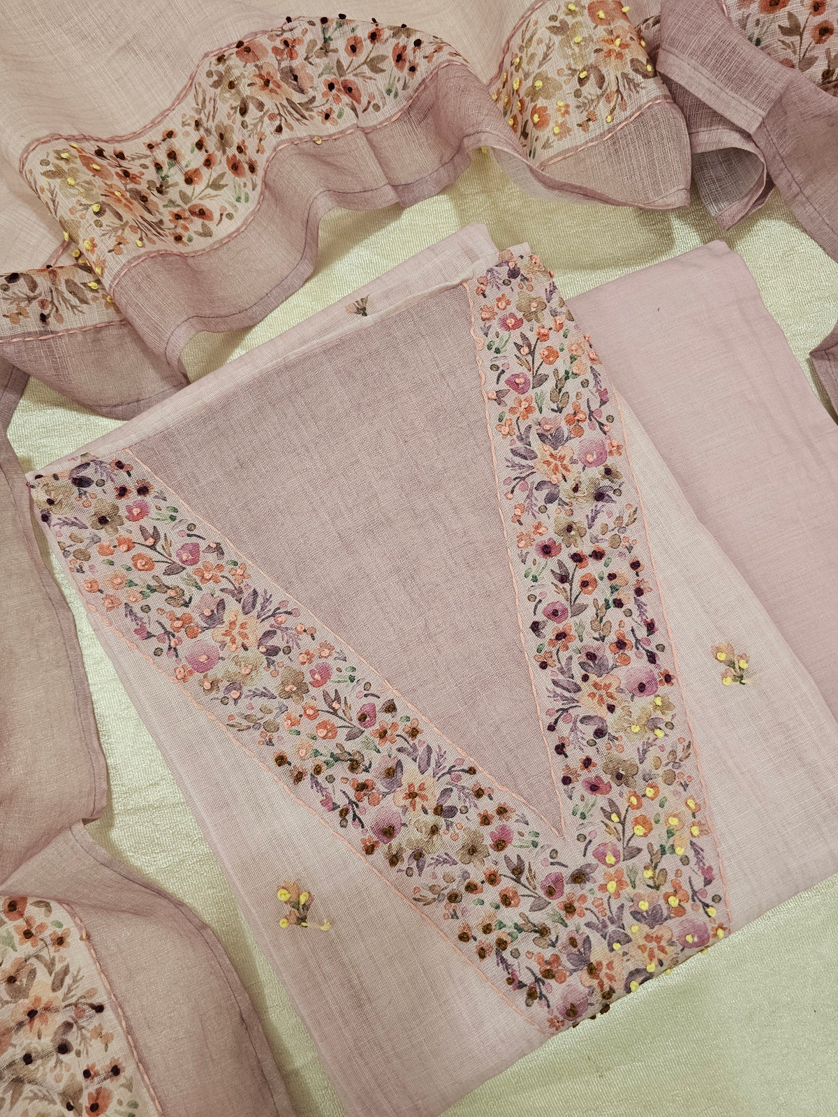 Linen with Hand Knot Work Unstitched Salwar - Lavender