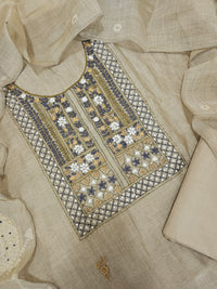 Linen Cotto with Heavy Hand Emboridery Unstitched Salwar - Beige