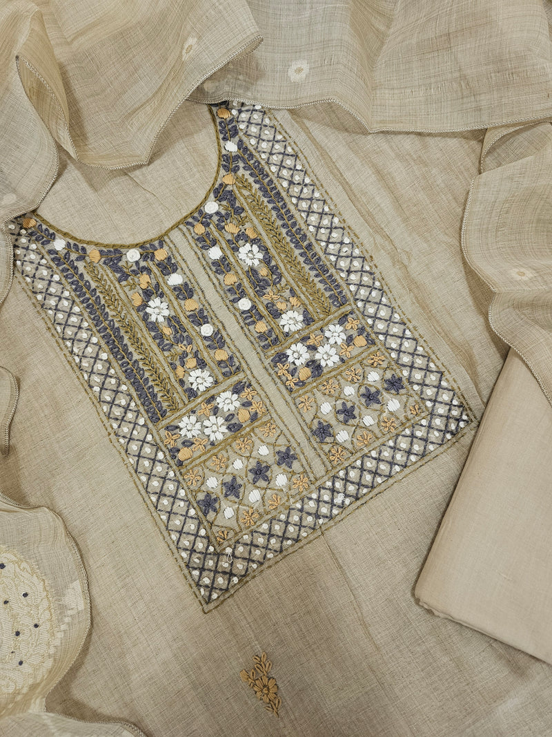 Linen Cotto with Heavy Hand Emboridery Unstitched Salwar - Beige