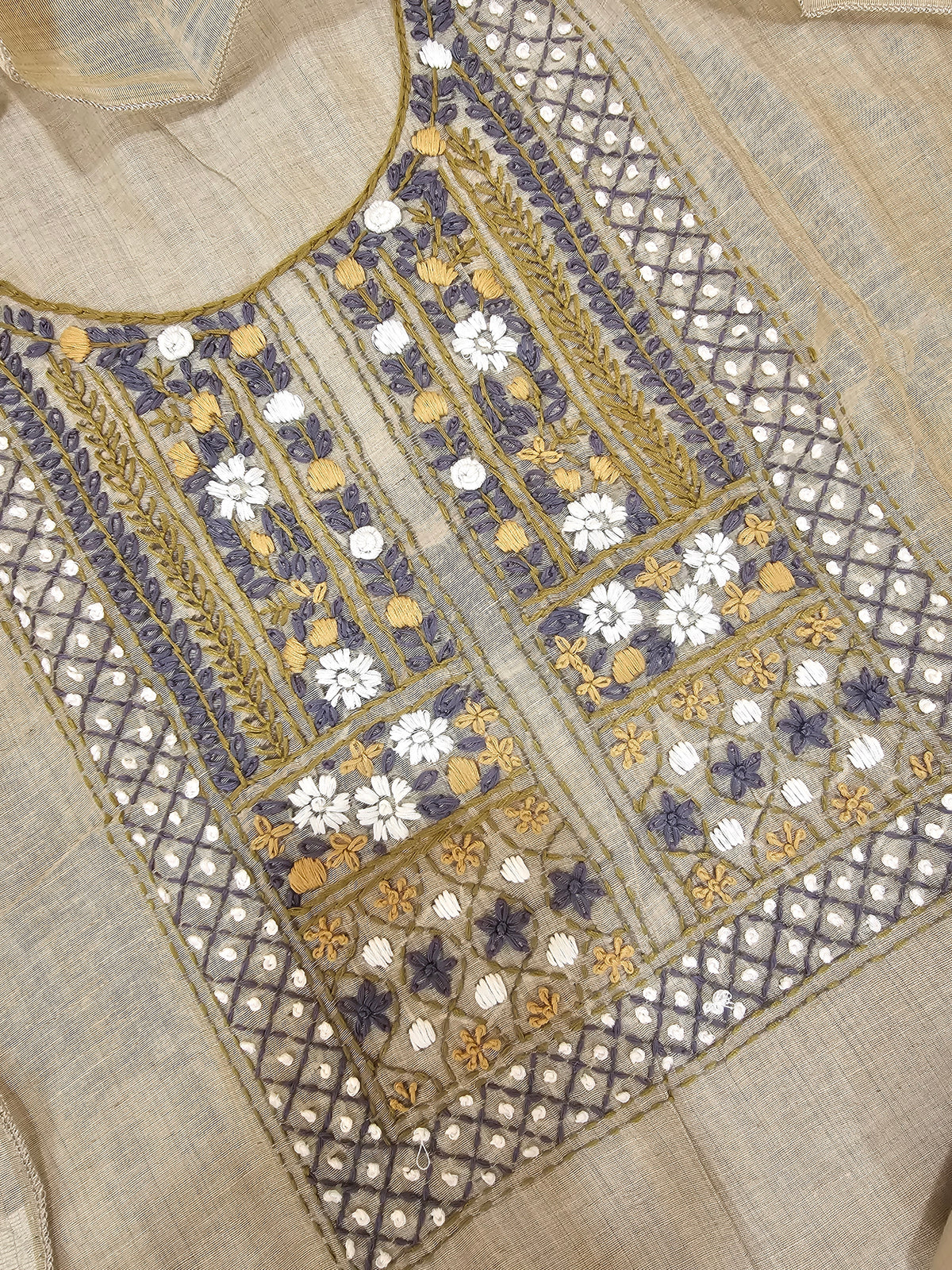 Linen Cotto with Heavy Hand Emboridery Unstitched Salwar - Beige