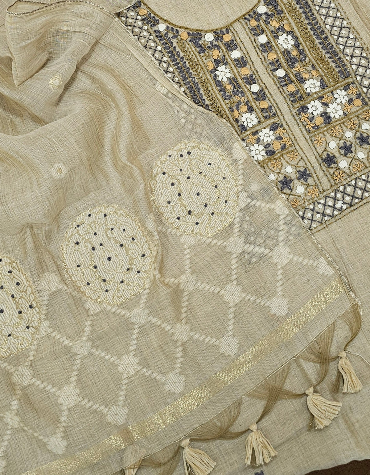 Linen Cotto with Heavy Hand Emboridery Unstitched Salwar - Beige