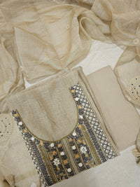 Linen Cotto with Heavy Hand Emboridery Unstitched Salwar - Beige