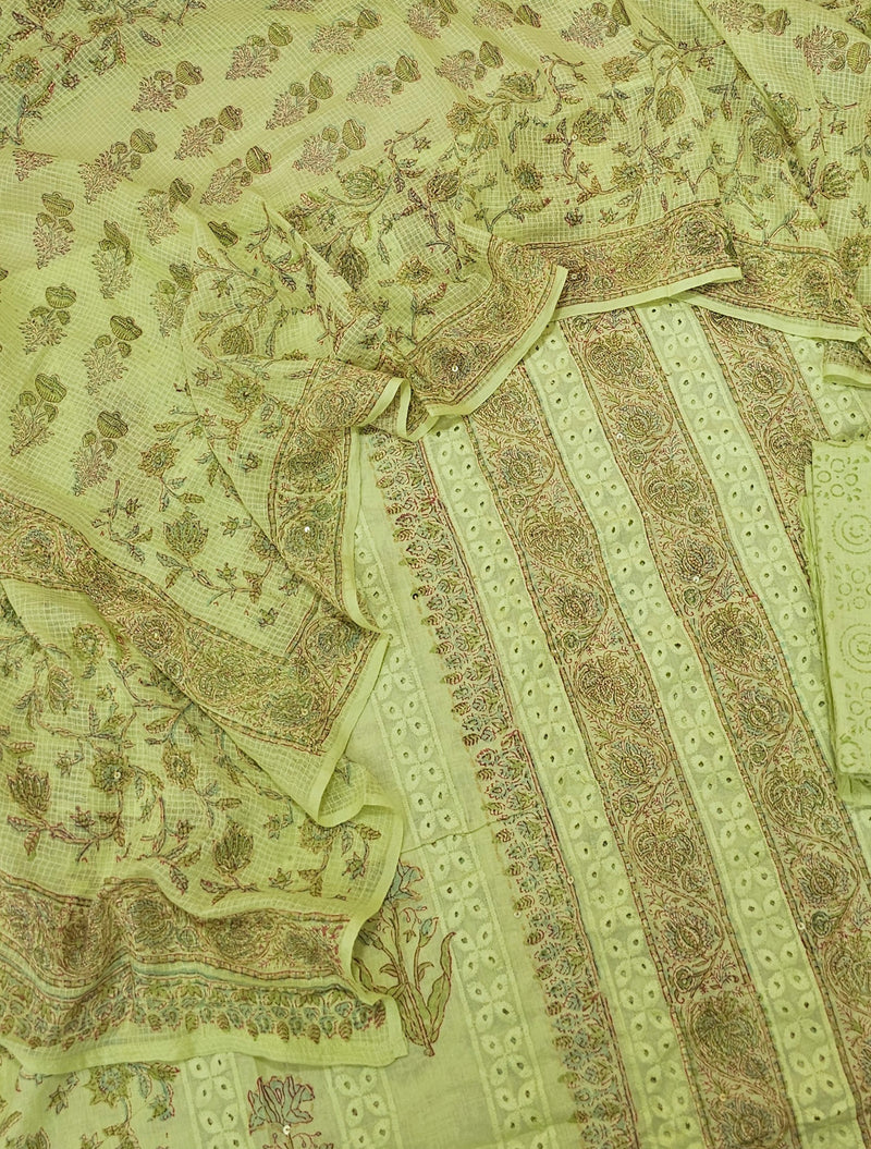Soft Cotton Unstitched Salwar - Green with Yellow