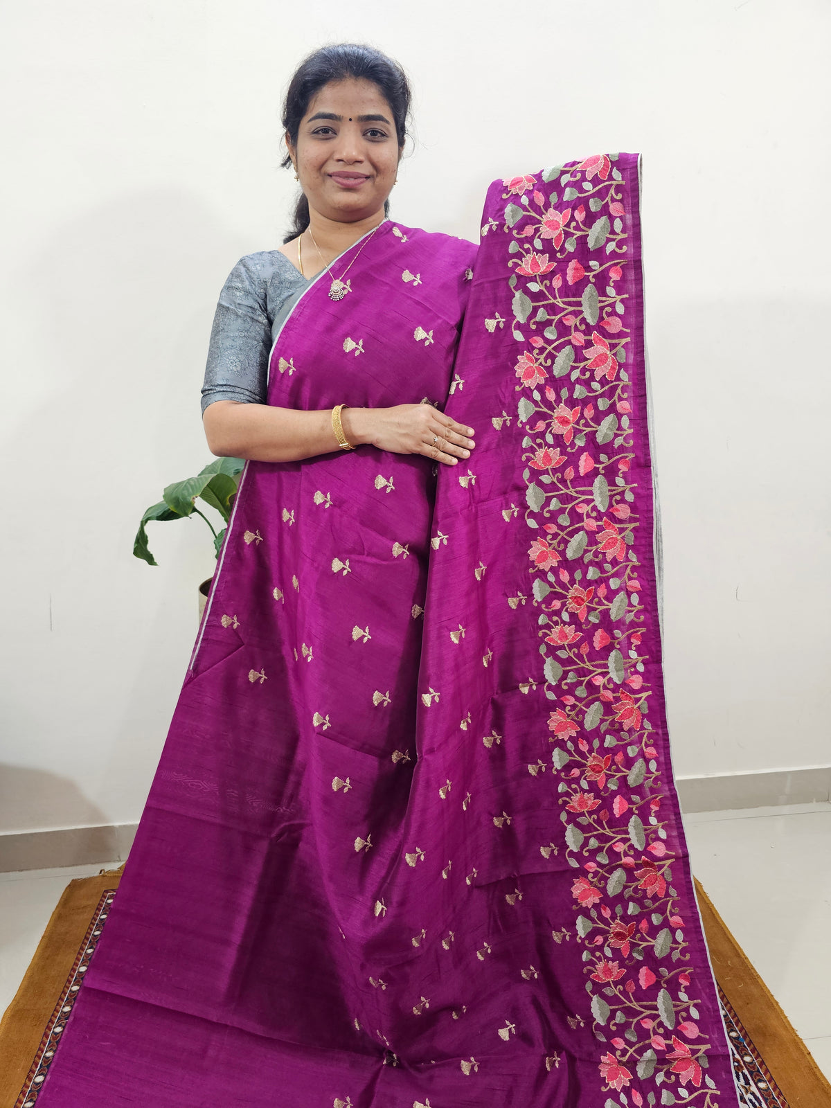 Semi Tussar with Multi Thread Heavy Emboridery Saree - Magenta Pink