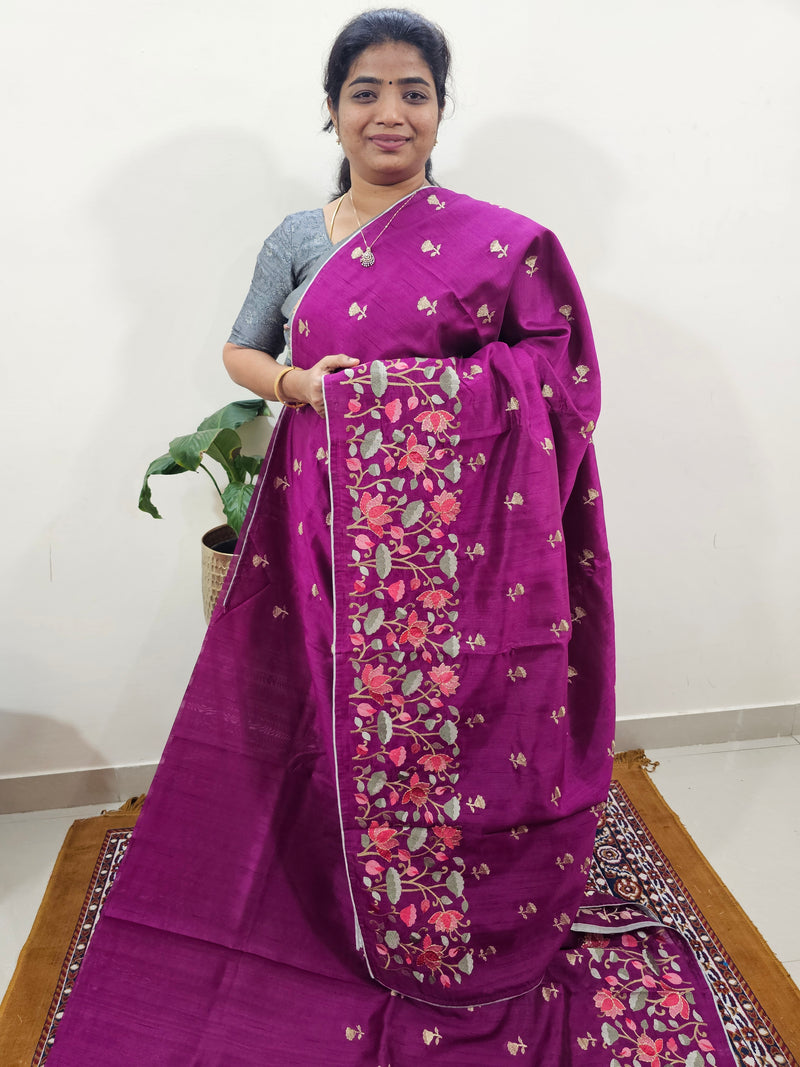 Semi Tussar with Multi Thread Heavy Emboridery Saree - Magenta Pink