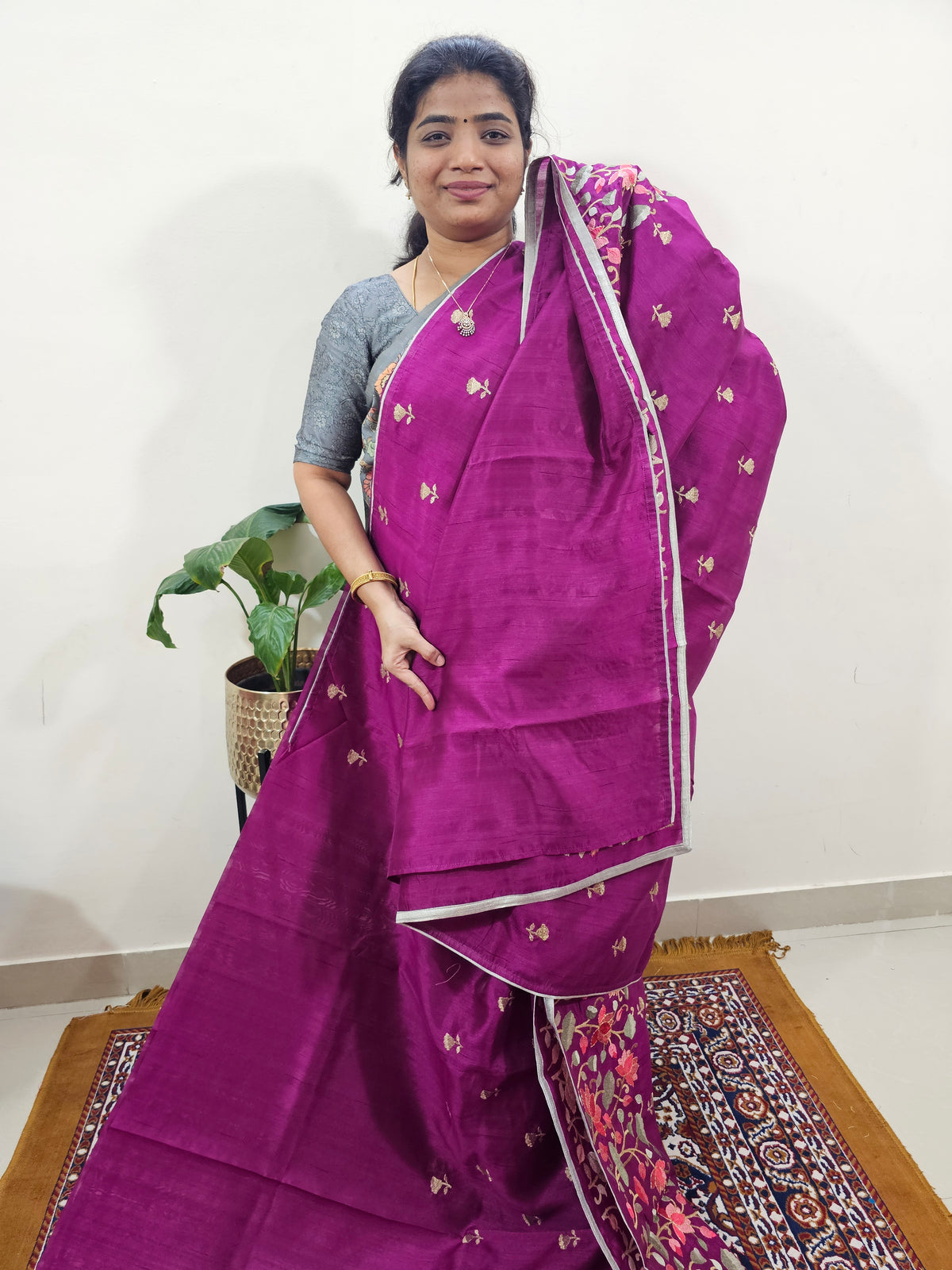 Semi Tussar with Multi Thread Heavy Emboridery Saree - Magenta Pink