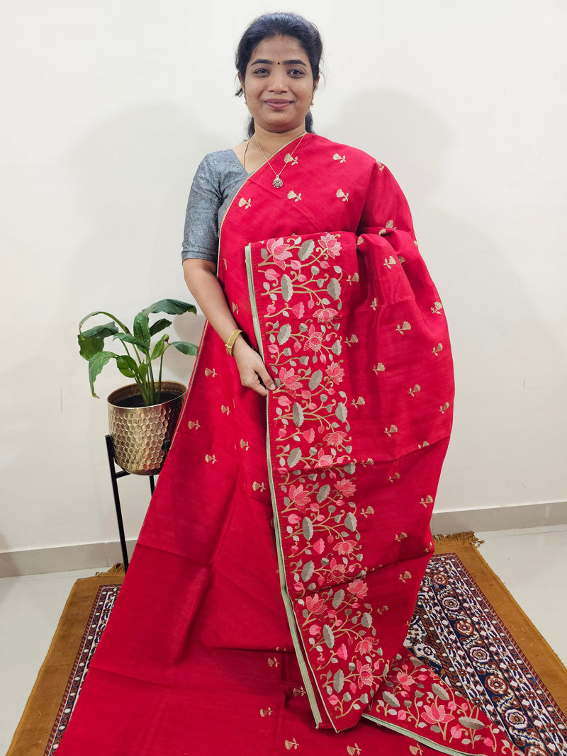 Semi Tussar with Multi Thread Heavy Emboridery Saree - Red