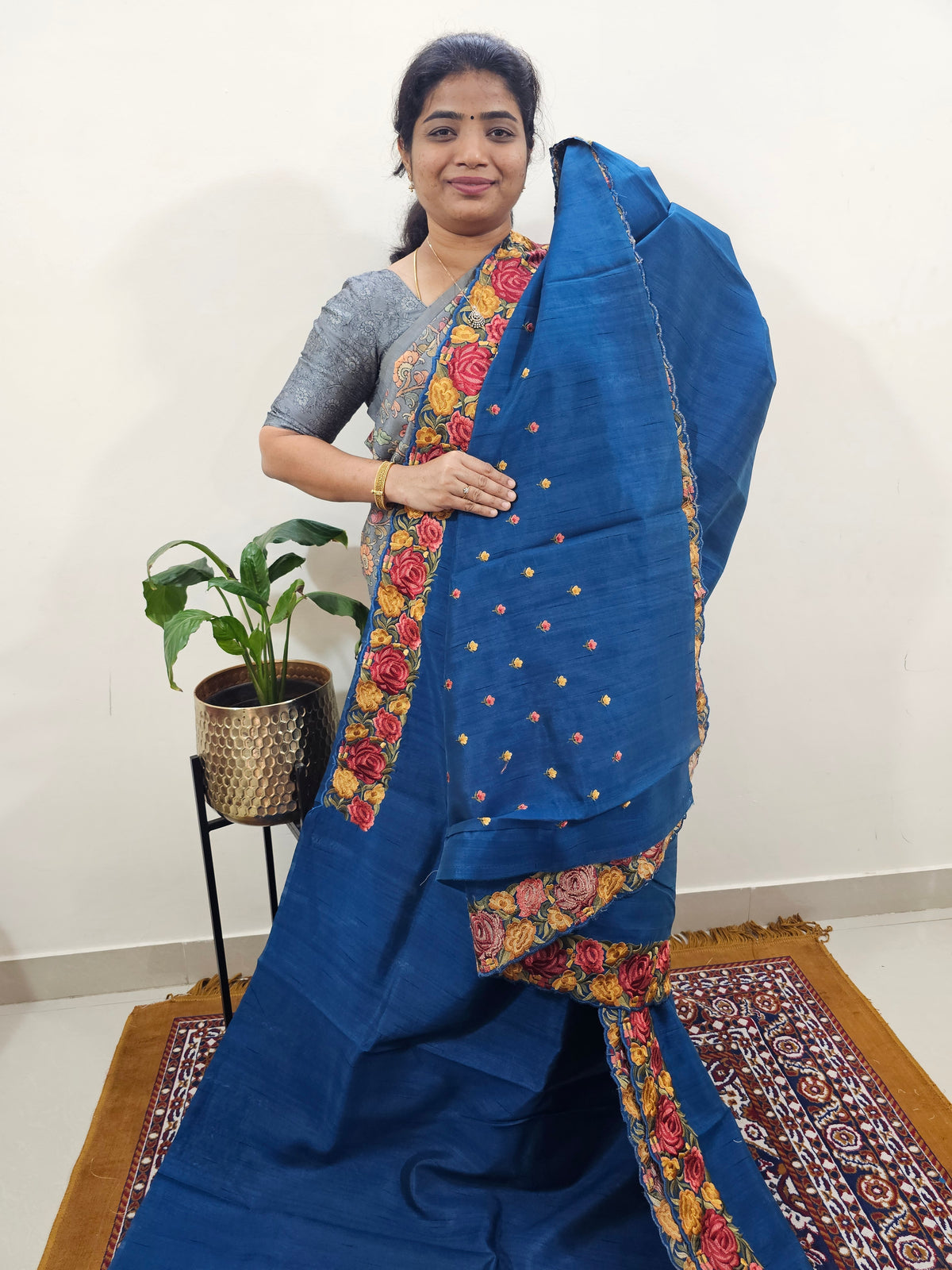 Semi Tussar with Multi Thread Heavy Emboridery Saree - Peacock Blue