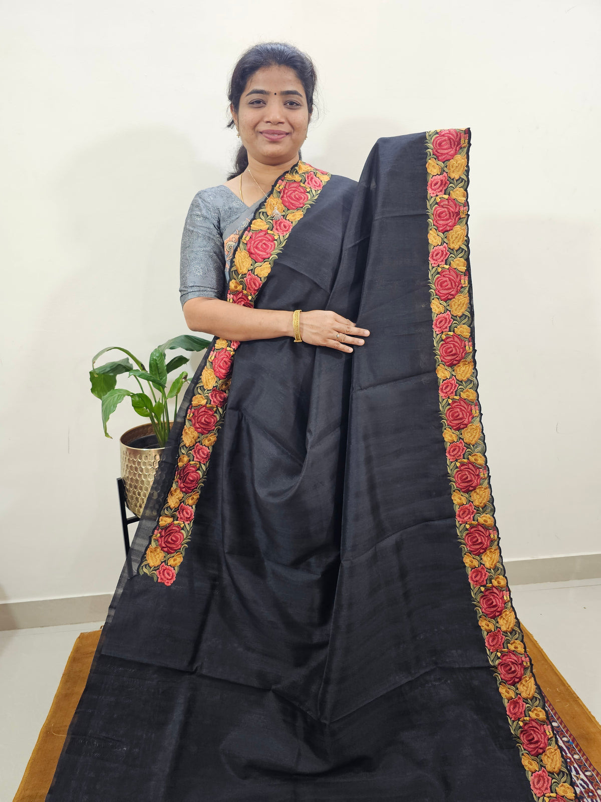 Semi Tussar with Multi Thread Heavy Emboridery Saree - Black