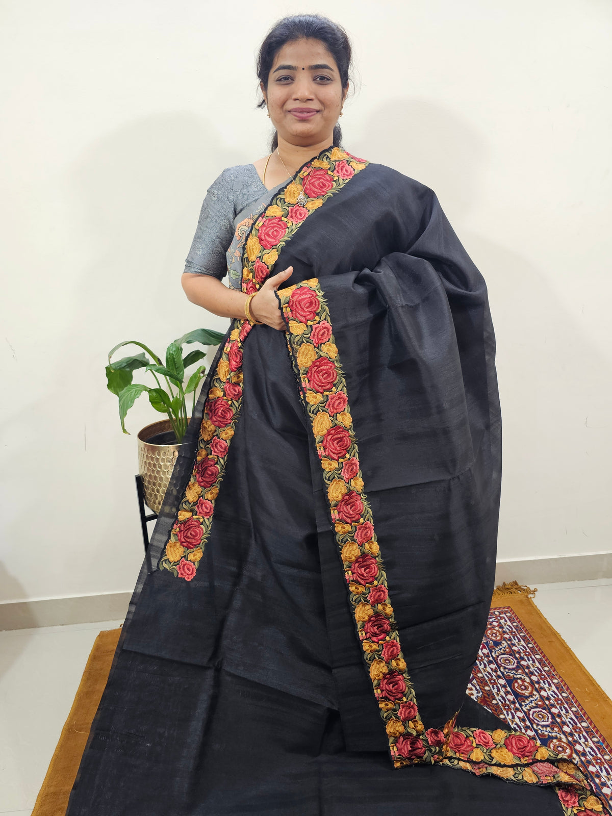 Semi Tussar with Multi Thread Heavy Emboridery Saree - Black