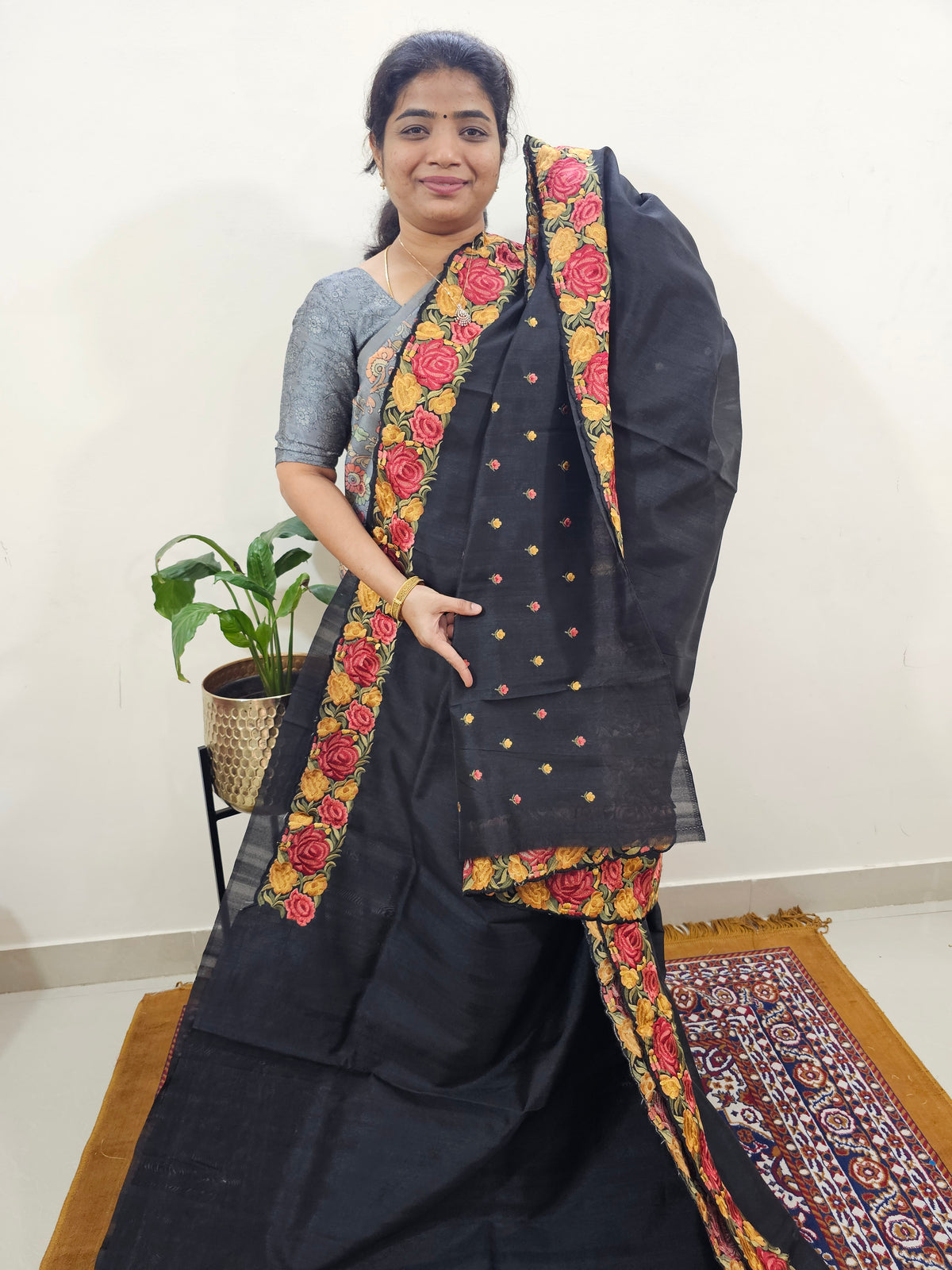 Semi Tussar with Multi Thread Heavy Emboridery Saree - Black